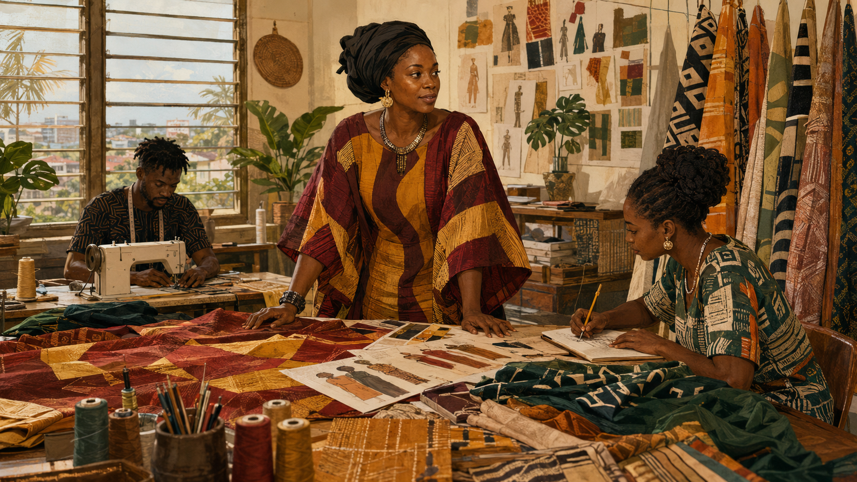 Editorial illustration of textile, colour and independent business in Accra