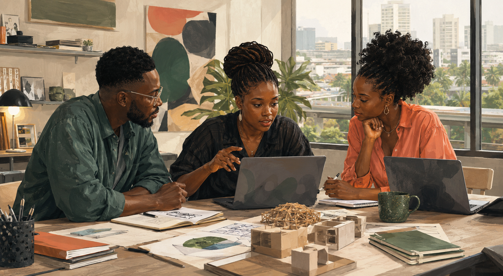 Editorial illustration of technology, teams and useful products in Lagos
